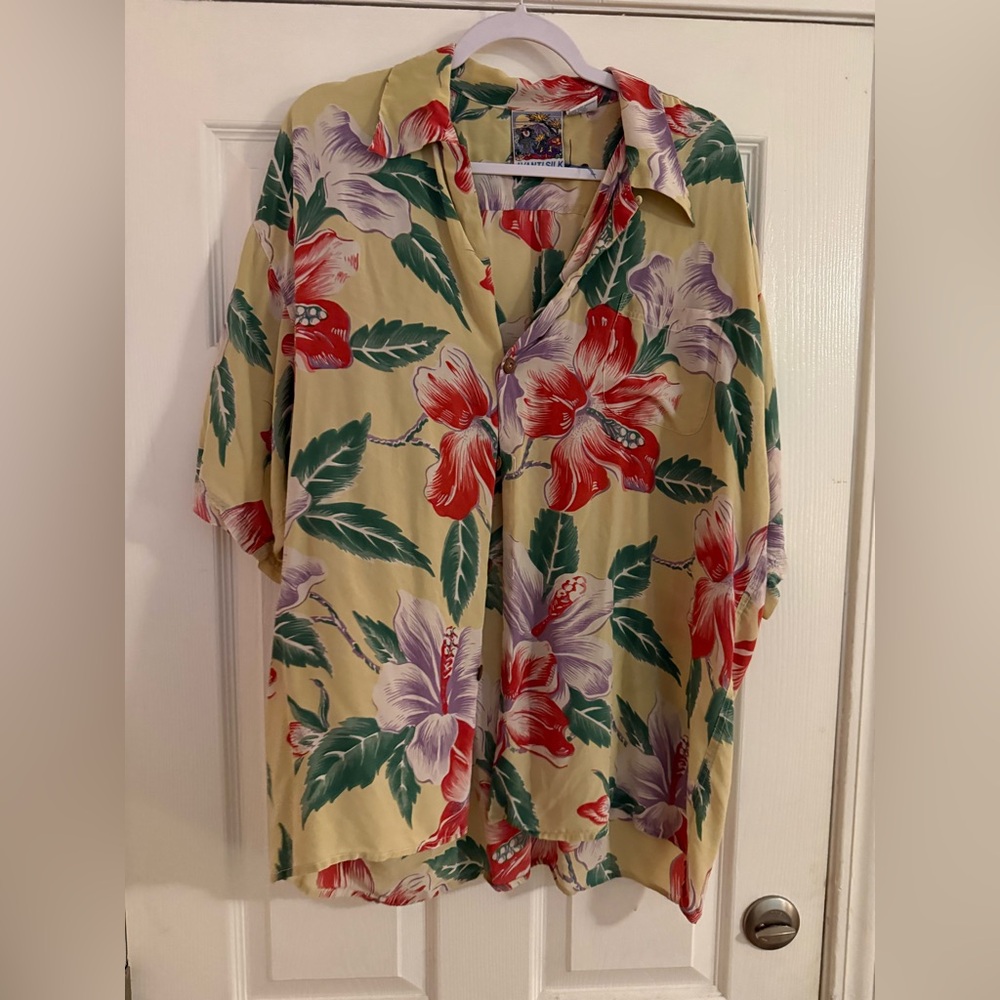 Avanti Yellow Floral Button-Down Shirt with Red, Purple & Green Print